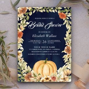 Fall Earthy Floral Pumpkin Navy Blue Brautparty Einladung