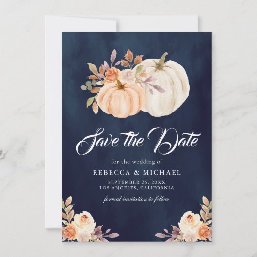 Fall Earthy Floral Pumpkin Navy Blue Wedding Save The Date (Vorderseite)