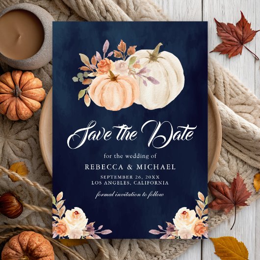 Fall Earthy Floral Pumpkin Navy Blue Wedding Save The Date