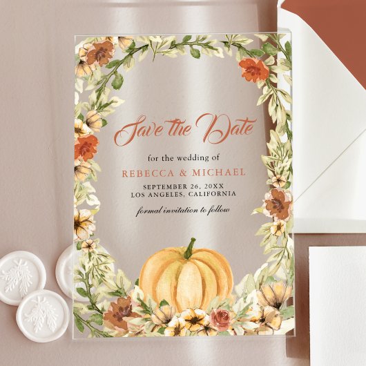 Fall Earthy Floral Pumpkin Wedding Save the Date Acryleinladungen