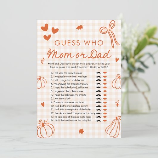Fall Ein Kleiner Kürbis Errate Wer Mom oder Dad Sp Einladung (Stehend Vorderseite)