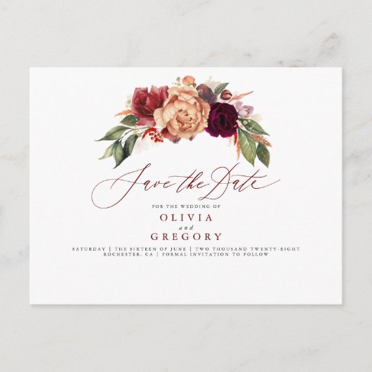 Fall Elegant Floral Save the Date Ankündigungspostkarte (Vorderseite)