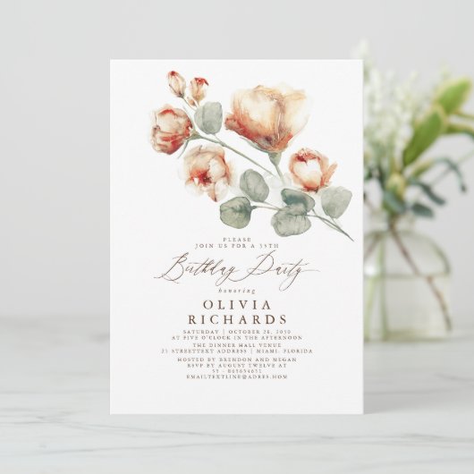 Fall Eleganter romantischer Blumengeburtstag Einladung (Stehend Vorderseite)