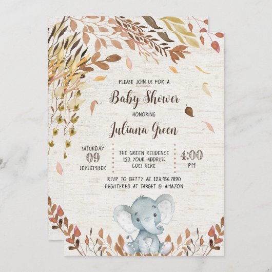 Fall Elephant Baby Dusche Einladung (Vorne/Hinten)