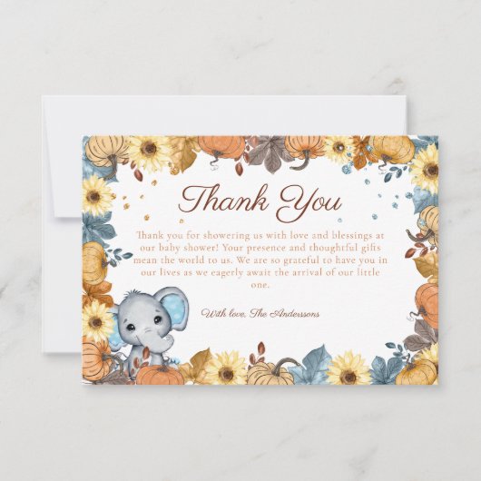 Fall Elephant Pumpkin Baby Dusche Danke (Vorderseite)