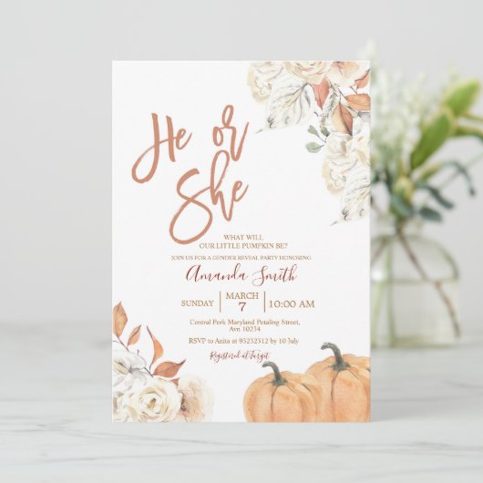 Fall Er oder sie Boho Pumpkin Gender-Offenbarung Einladung (Stehend Vorderseite)