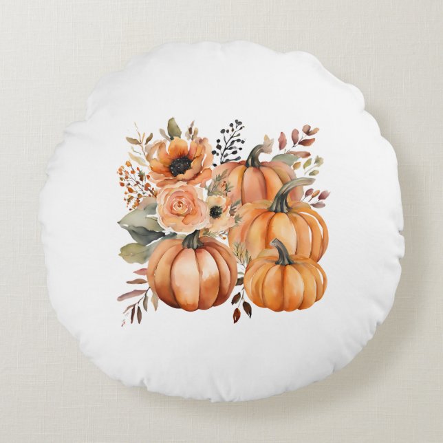 Fall Erntedank Boho Aqucolor Pumpkin Florals Rundes Kissen (Vorderseite)