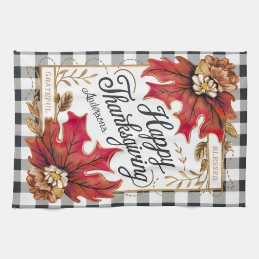 Fall Erntedank Maple Blätter Gingham Custom Geschirrtuch (Horizontal)
