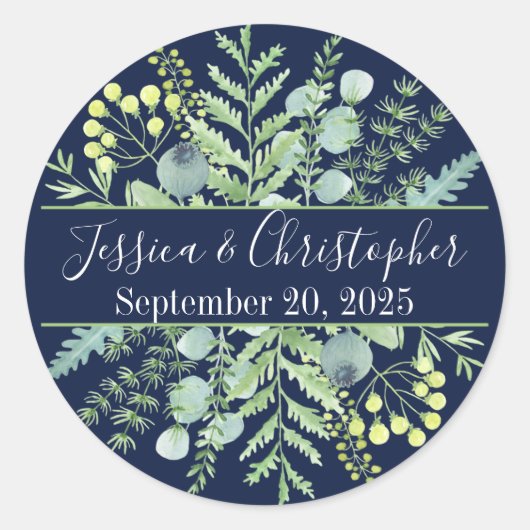 Fall Eucalyptus Berry Floral Wedding Stickers Navy (Vorderseite)