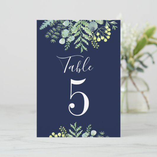 Fall Eukalyptus Floral Wedding Tischnummer Navy (Stehend Vorderseite)