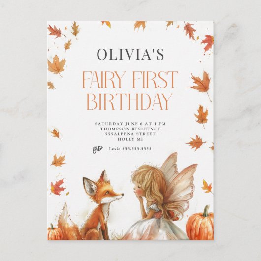 Fall Fairy Erster Geburtstag Einladung mit Fuchs Postkarte (Vorderseite)