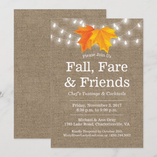 Fall, Fare & Friends Blätter & String Lights Burla Einladung (Vorne/Hinten)