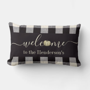 Fall Farmhouse Gingham Pumpkin Willkommen Name Fam Lendenkissen