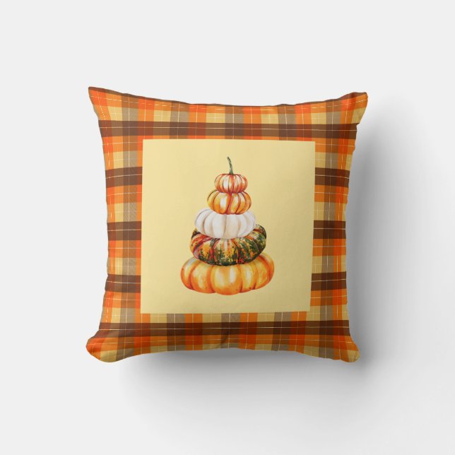 Fall Farmhouse Pumpkins und Orange Brown Kariert Kissen (Vorderseite)