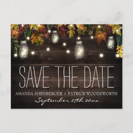 Fall Firefly Mason Jar Wedding Save the Date Cards Ankündigungspostkarte (Vorderseite)
