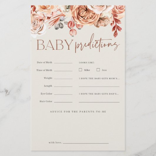 Fall Floral Baby Shower Predictions Game Sheet Flyer (Vorne)
