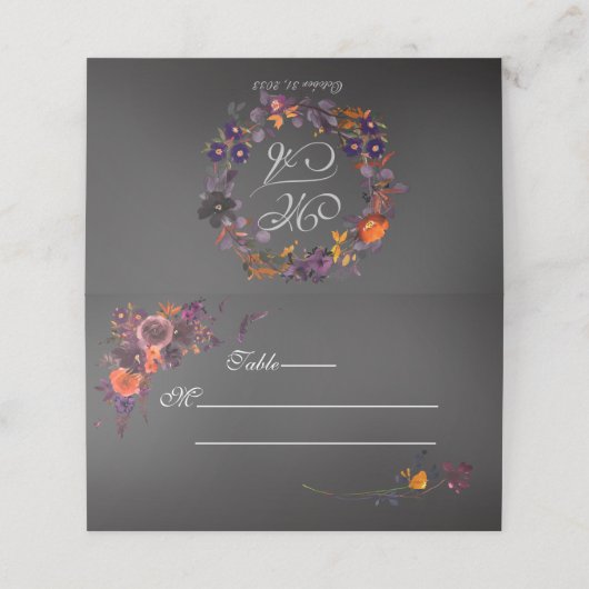 Fall Floral Black Monogram Platzkarte (Außenseite Aufgefaltet)