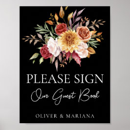 Fall Floral Black Wedding Guest Book Sign Poster