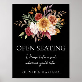 Fall Floral Black Wedding Open Seating Zeichen Poster