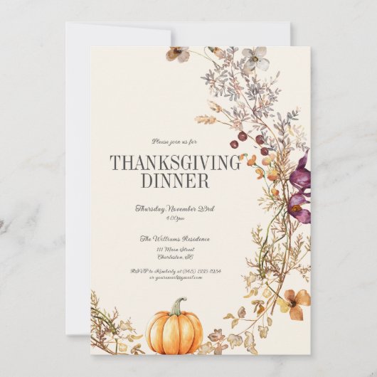 Fall Floral Boho Pumpkin Erntedank Dinner Einladung (Vorderseite)