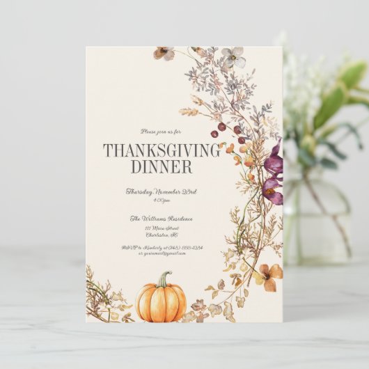 Fall Floral Boho Pumpkin Erntedank Dinner Einladung (Stehend Vorderseite)