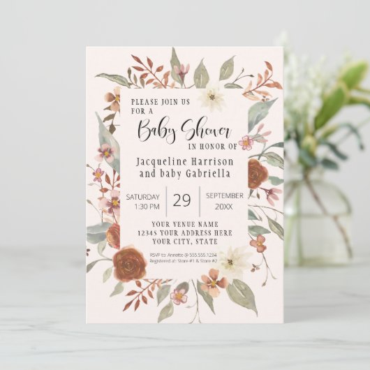 Fall Floral BOHO Script Girl Baby Shooting Foto Einladung (Stehend Vorderseite)