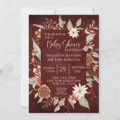 Fall Floral BOHO Script Girl Baby Shower Burgundy Einladung (Vorderseite)