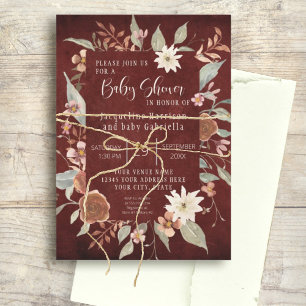 Fall Floral BOHO Script Girl Baby Shower Burgundy Einladung