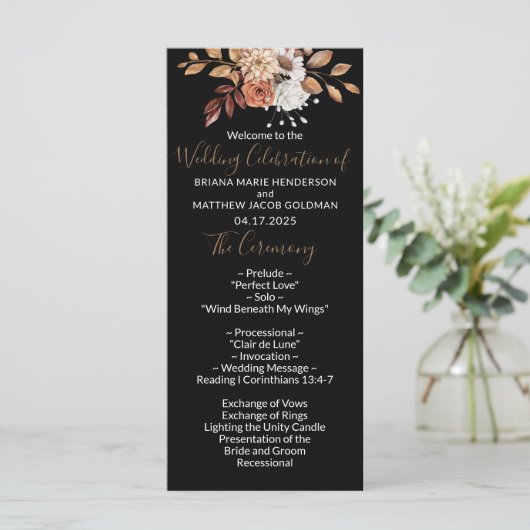 Fall Floral Bouquet Black Wedding Programm (Stehend Vorderseite)