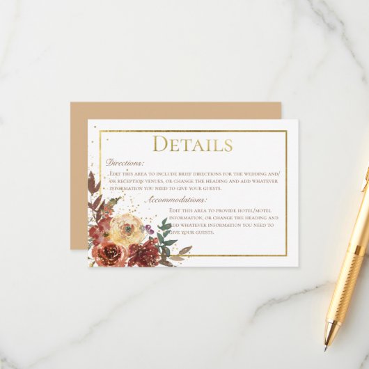 Fall Floral Bouquet mit Gold Hochzeitsdetails Begleitkarte (Vorderseite/Rückseite Beispiel)