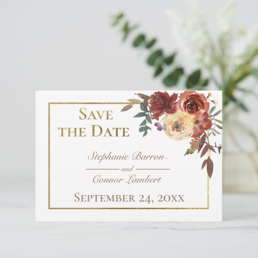 Fall Floral Bouquet mit Goldhochzeit Save The Date (Stehend Vorderseite)