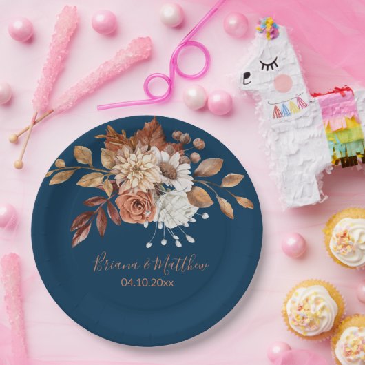 Fall Floral Bouquet Navy Blue Wedding Paper Teller (Party)