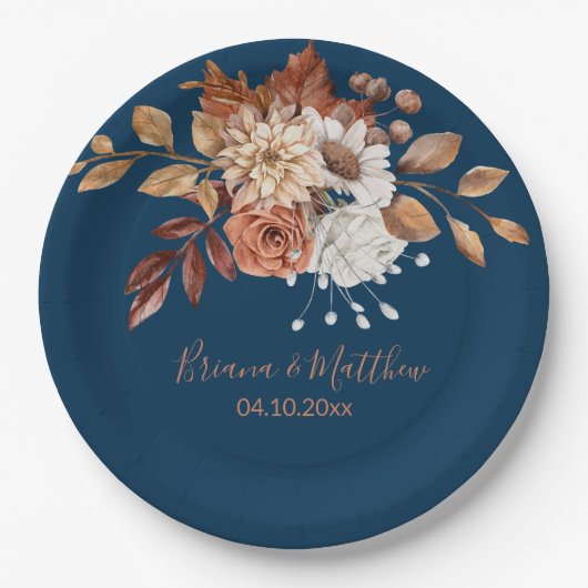 Fall Floral Bouquet Navy Blue Wedding Paper Teller (Vorderseite)