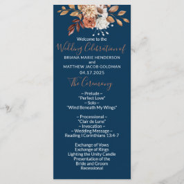 Fall Floral Bouquet Navy Blue Wedding Programm
