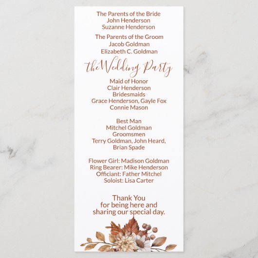 Fall Floral Bouquet White Wedding Programm (Rückseite)