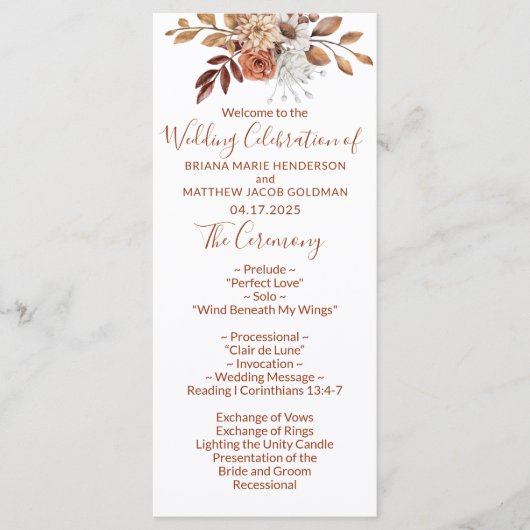 Fall Floral Bouquet White Wedding Programm (Vorderseite)