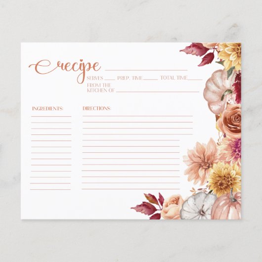 Fall Floral Brautparty Rezeptkarte (Vorderseite)
