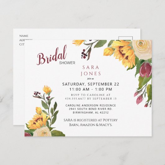 Fall Floral Brautparty Sonnenblume Postkarte (Vorne/Hinten)