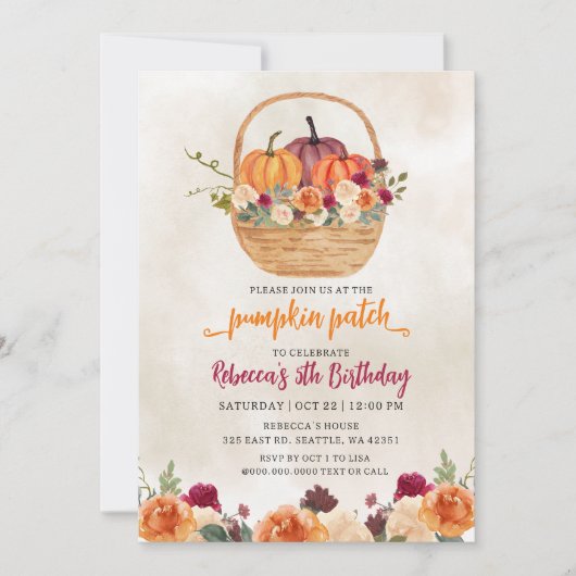 Fall Floral Burgundy Orange Pumpkin Patch Geburtst Einladung (Vorderseite)