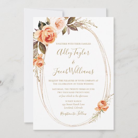 Fall Floral Burnt Orange Boho Wedding Einladung (Vorderseite)