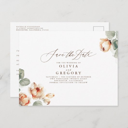 Fall Floral Elegant Save the Date Ankündigungspostkarte (Vorne/Hinten)
