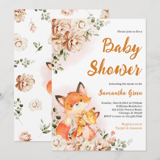 Fall Floral Fox Babydusche Einladung (Vorne/Hinten)