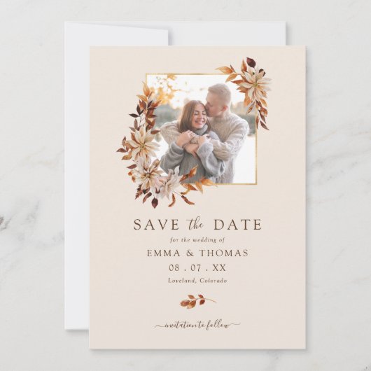 Fall Floral Gold Frame Wedding Foto Save the Date (Vorderseite)