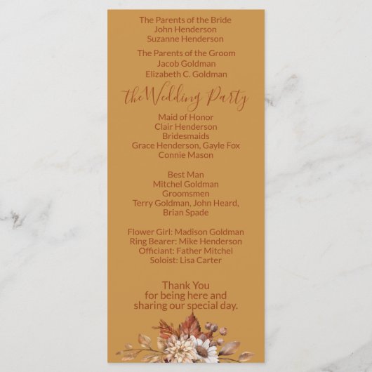 Fall Floral Gold Wedding Program Programm (Rückseite)