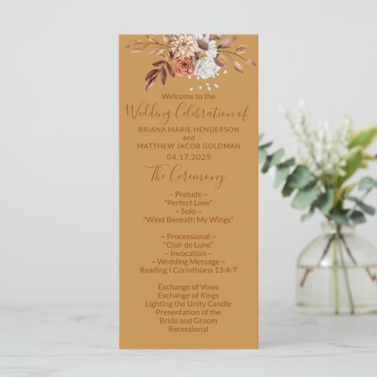 Fall Floral Gold Wedding Program Programm (Stehend Vorderseite)