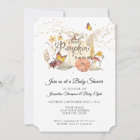 Fall Floral Gold White Pumpkin Sage Baby Dusche Einladung (Vorderseite)