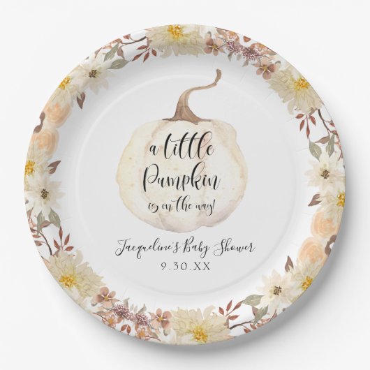 Fall Floral Kleine Pumpkin Wasserfarben Babydusche Pappteller (Vorderseite)