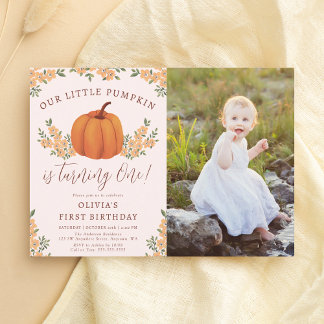 Fall Floral Little Pumpkin Girl 1. Geburtstag Foto Einladung
