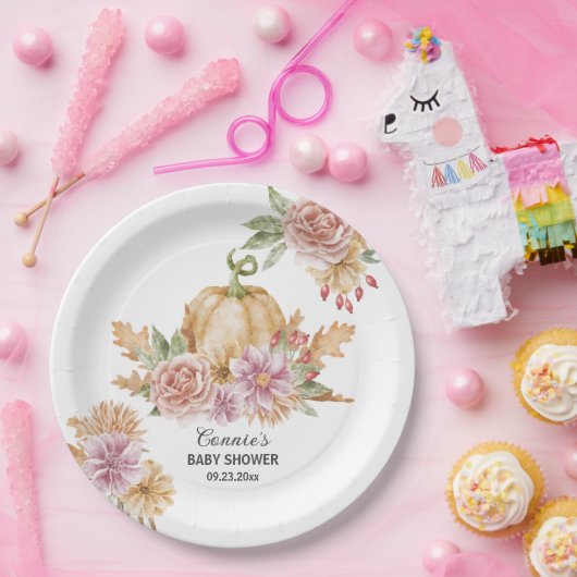 Fall Floral Little Pumpkin on Way Baby Shower Pappteller (Party)