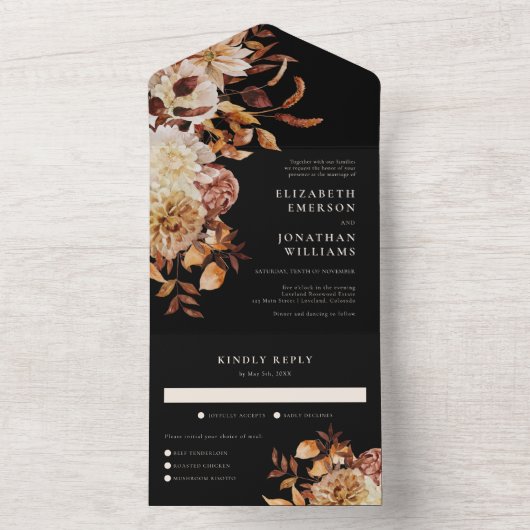 Fall Floral mit Meals Wedding All In One Einladung (Innen Boden)
